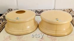 Vintage Art Deco Vanity Set, Powder Jar and Hair Receiver, Pale Yellow and Blue Floral Vintage Vanity Storage Dresser Decor Vintage Makeup