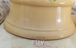 Vintage Art Deco Vanity Set, Powder Jar and Hair Receiver, Pale Yellow and Blue Floral Vintage Vanity Storage Dresser Decor Vintage Makeup