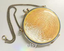 Vintage Art Deco Yellow Enamel Guilloche Sterling Silver Chatelaine Powder Compact Gold Filled