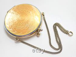 Vintage Art Deco Yellow Enamel Guilloche Sterling Silver Chatelaine Powder Compact Gold Filled