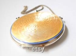 Vintage Art Deco Yellow Enamel Guilloche Sterling Silver Chatelaine Powder Compact Gold Filled