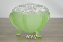 Vintage Art Deco green satin glass powder jar starburst lid vanity footed dresser jar trinket box collectible glass