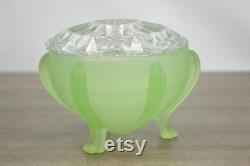 Vintage Art Deco green satin glass powder jar starburst lid vanity footed dresser jar trinket box collectible glass