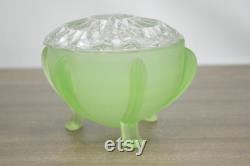 Vintage Art Deco green satin glass powder jar starburst lid vanity footed dresser jar trinket box collectible glass