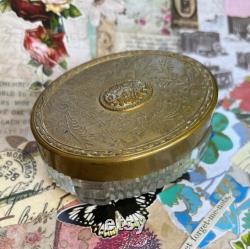 Vintage Art Nouveau Style Vanity Dresser Jar with Brass Repousse Floral Lid, Ribbed and Footed Glass Base, Pretty Boudoir and Vanity Storage