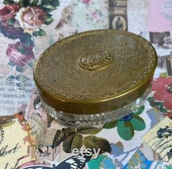 Vintage Art Nouveau Style Vanity Dresser Jar with Brass Repousse Floral Lid, Ribbed and Footed Glass Base, Pretty Boudoir and Vanity Storage