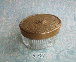 Vintage Art Nouveau Style Vanity Dresser Jar with Ribbed and Footed Glass Base And Brass Repousse Floral Lid, For Boudoir, Vanity Storage