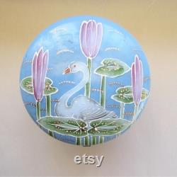 Vintage Art Nouveau Swan Lily Pads Enameled Dresser Box Jar Hand Painted Victorian Opaque Glass Vanity Jar