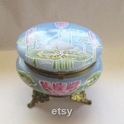 Vintage Art Nouveau Swan Lily Pads Enameled Dresser Box Jar Hand Painted Victorian Opaque Glass Vanity Jar
