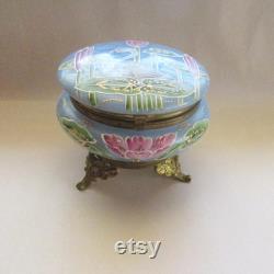 Vintage Art Nouveau Swan Lily Pads Enameled Dresser Box Jar Hand Painted Victorian Opaque Glass Vanity Jar