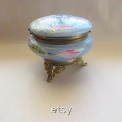 Vintage Art Nouveau Swan Lily Pads Enameled Dresser Box Jar Hand Painted Victorian Opaque Glass Vanity Jar