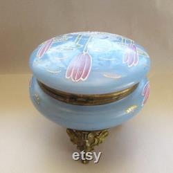 Vintage Art Nouveau Swan Lily Pads Enameled Dresser Box Jar Hand Painted Victorian Opaque Glass Vanity Jar