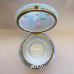 Vintage Art Nouveau Swan Lily Pads Enameled Dresser Box Jar Hand Painted Victorian Opaque Glass Vanity Jar