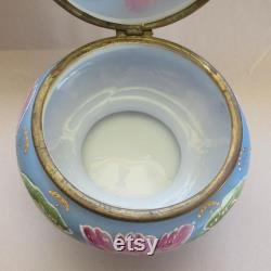 Vintage Art Nouveau Swan Lily Pads Enameled Dresser Box Jar Hand Painted Victorian Opaque Glass Vanity Jar