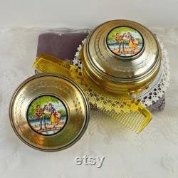 Vintage Art Nouveau Woman's Metal Powder Puff Tins, Vintage Vanity Decor, Victorian Trinket Boxes