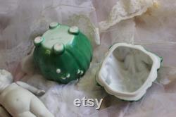 Vintage Art Nouveau green trinket vanity powder box with lily of the valley flowers Porcelain Germany