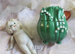 Vintage Art Nouveau green trinket vanity powder box with lily of the valley flowers Porcelain Germany