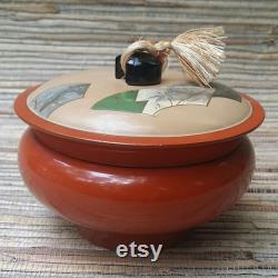 Vintage Asian Lacquer Wear Powder Box With Silk Tassel Lacquer Over Wood Burnt Orange and Cream