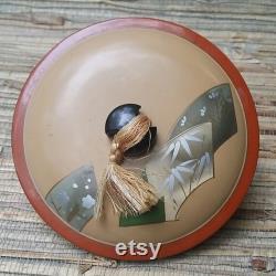 Vintage Asian Lacquer Wear Powder Box With Silk Tassel Lacquer Over Wood Burnt Orange and Cream
