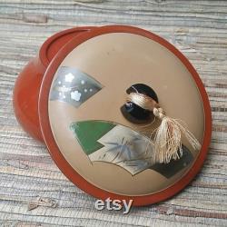 Vintage Asian Lacquer Wear Powder Box With Silk Tassel Lacquer Over Wood Burnt Orange and Cream