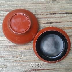 Vintage Asian Lacquer Wear Powder Box With Silk Tassel Lacquer Over Wood Burnt Orange and Cream