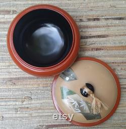 Vintage Asian Lacquer Wear Powder Box With Silk Tassel Lacquer Over Wood Burnt Orange and Cream