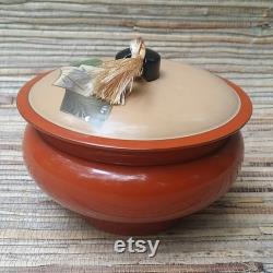 Vintage Asian Lacquer Wear Powder Box With Silk Tassel Lacquer Over Wood Burnt Orange and Cream