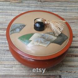 Vintage Asian Lacquer Wear Powder Box With Silk Tassel Lacquer Over Wood Burnt Orange and Cream