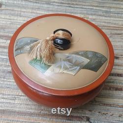 Vintage Asian Lacquer Wear Powder Box With Silk Tassel Lacquer Over Wood Burnt Orange and Cream Vintage Asian Lacquer Wear Powder Box With Silk Tassel Lacquer Over Wood Burnt Orange and Cream