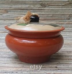 Vintage Asian Lacquer Wear Powder Box With Silk Tassel Lacquer Over Wood Burnt Orange and Cream