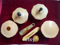 Vintage Assorted Celluloid Bakelite Dresser Set Six Pieces with Bonus Powder Boxes Hair Box Rouge Jar Nail Buffer