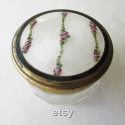 Vintage Austria Guilloche Enamel Brass Glass Vanity Dresser Jar Box Circa 1910