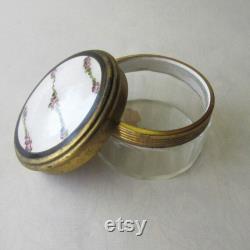 Vintage Austria Guilloche Enamel Brass Glass Vanity Dresser Jar Box Circa 1910