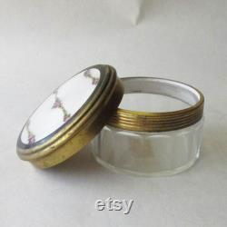 Vintage Austria Guilloche Enamel Brass Glass Vanity Dresser Jar Box Circa 1910