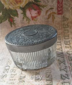 Vintage Avon Art Deco Style Vanity Jar Replica with Ribbed Glass And Silvertone Repousse Floral Lid, Nice Collectible Jar for Vanity Storage