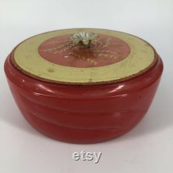 Vintage Avon Empty Glass Dusting Powder Jar Lidded Vanity Trinket Dish Red Gold