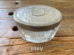 Vintage Avon Glass Lidded Vanity Jar, Sliver Glass Vanity Container Vintage Collectible Vintage Powder Jar with Silver floral lid