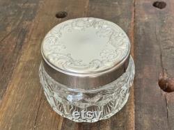 Vintage Avon Glass Lidded Vanity Jar, Sliver Glass Vanity Container Vintage Collectible Vintage Powder Jar with Silver floral lid