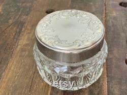 Vintage Avon Glass Lidded Vanity Jar, Sliver Glass Vanity Container Vintage Collectible Vintage Powder Jar with Silver floral lid