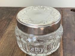 Vintage Avon Glass Lidded Vanity Jar, Sliver Glass Vanity Container Vintage Collectible Vintage Powder Jar with Silver floral lid