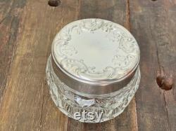 Vintage Avon Glass Lidded Vanity Jar, Sliver Glass Vanity Container Vintage Collectible Vintage Powder Jar with Silver floral lid
