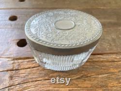 Vintage Avon Glass Lidded Vanity Jar, Sliver Glass Vanity Container Vintage Collectible Vintage Powder Jar with Silver floral lid