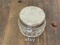 Vintage Avon Glass Lidded Vanity Jar, Sliver Glass Vanity Container Vintage Collectible Vintage Powder Jar with Silver floral lid