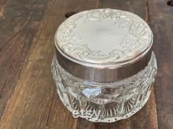 Vintage Avon Glass Lidded Vanity Jar, Sliver Glass Vanity Container Vintage Collectible Vintage Powder Jar with Silver floral lid