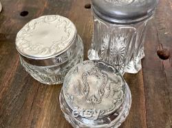 Vintage Avon Glass Lidded Vanity Jar, Sliver Glass Vanity Container Vintage Collectible Vintage Powder Jar with Silver floral lid