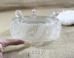 Vintage Avon Glass Powder Jar, Textured Glass and Footed with Puff, 5.75 W x 5 T, MCM Covered Trinket Dish, Vanity, Bath, or Dresser Decor