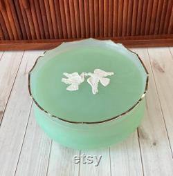 Vintage Avon Powder Box, Rapture Beauty Dust, Perfume, Mint Green, Plastic, White Doves, Mid Century, Vanity Decor, 1960s