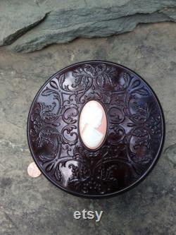 Vintage Avon Round Brown Lucite Cameo Dusting Box or Dresser Box, Trinkets