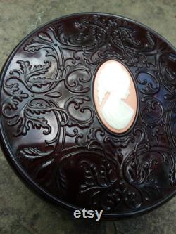 Vintage Avon Round Brown Lucite Cameo Dusting Box or Dresser Box, Trinkets