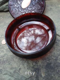 Vintage Avon Round Brown Lucite Cameo Dusting Box or Dresser Box, Trinkets